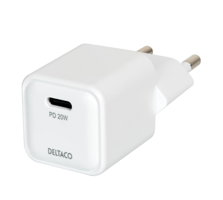 Deltaco USB-C mini väggladdare, 1x USB-C, PD 20 W, vit